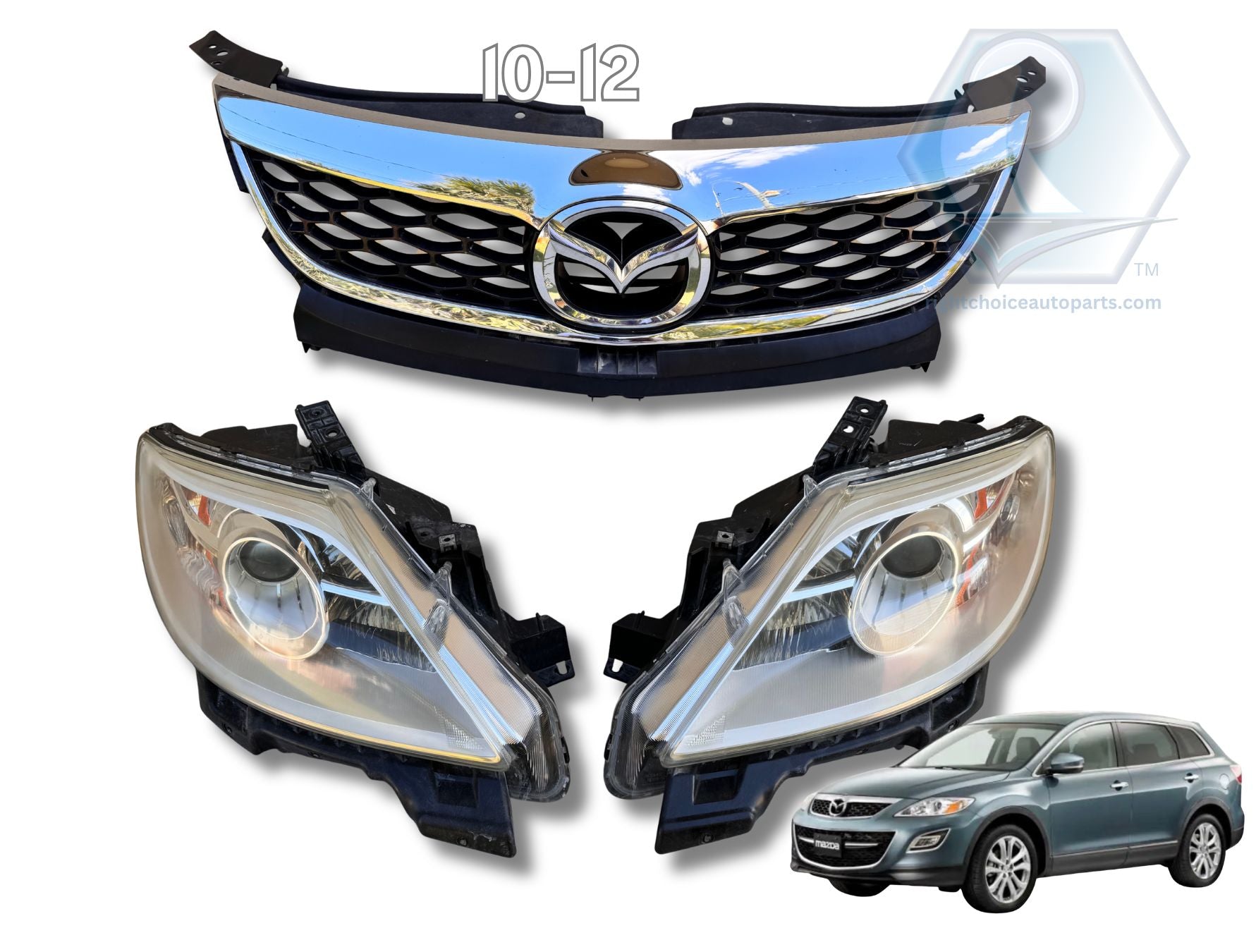 2010-2012 Mazda CX-9 Xenon HID Headlight Assembly PAIR w/ Upper Grille OEM